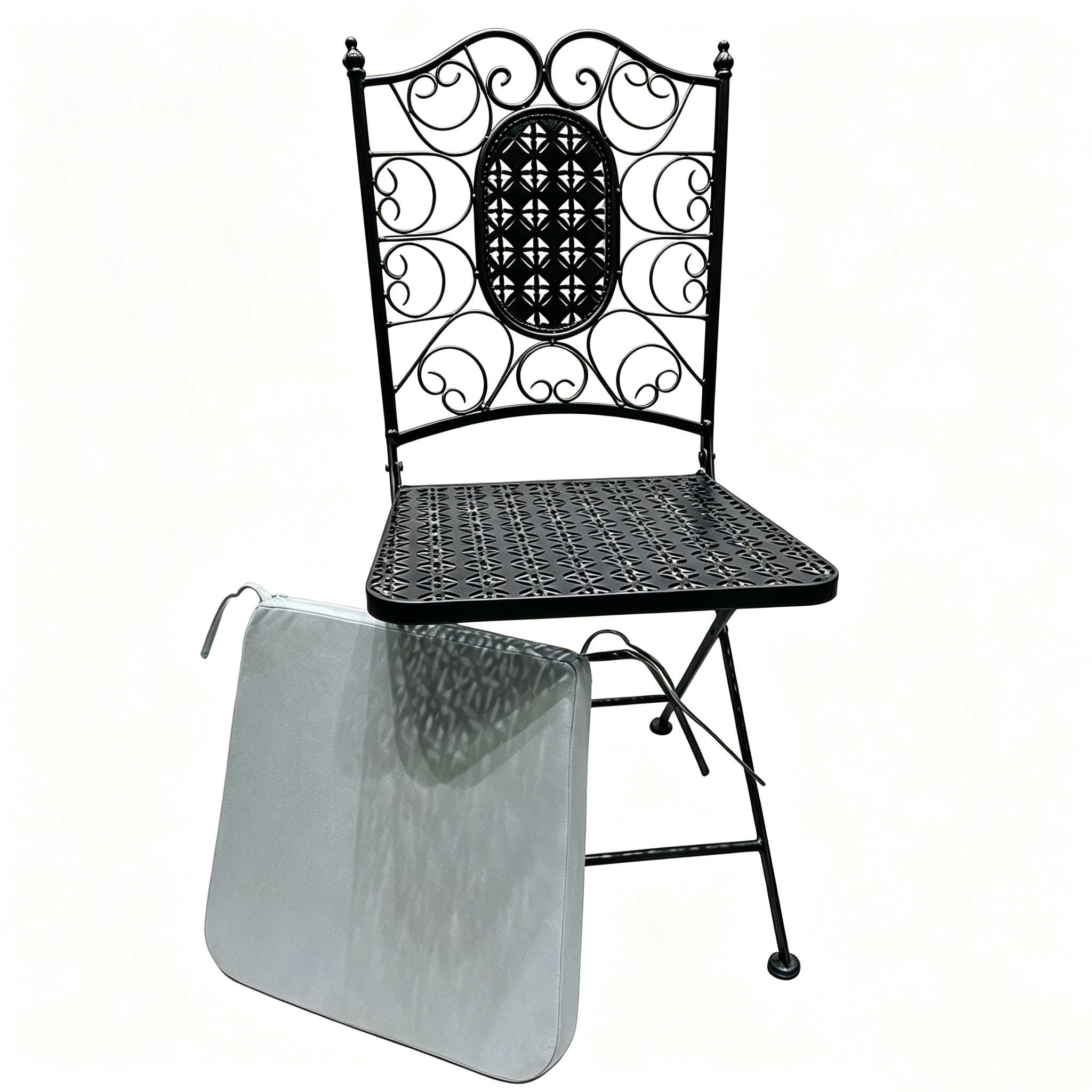 Vintage Wrought Iron Folding Bistro Black Chair with Cushion for Garden Wedding Event Seating