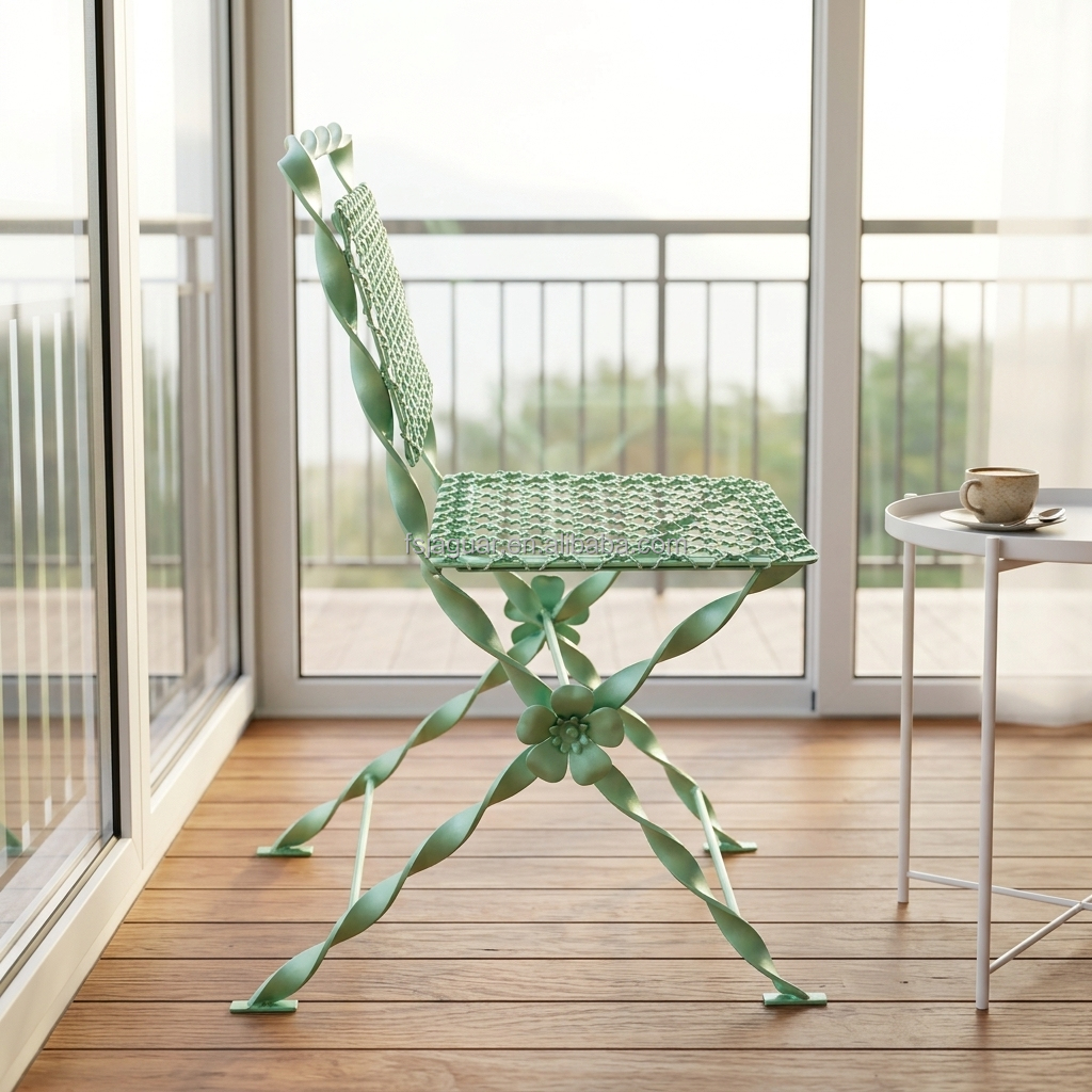 Hand Twisted Wrought Iron Foldable Patio Chair Diamond Mesh Seat &amp; Floral Decoration Accent, Twisted Metal Folding Garden Chair