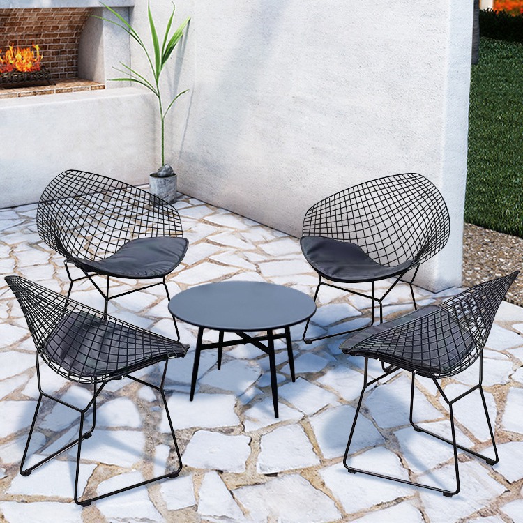Modern Black Bamboo Foldable Portable Outdoor Chair Set Round Side Table Industrial Style for Patio/Deck
