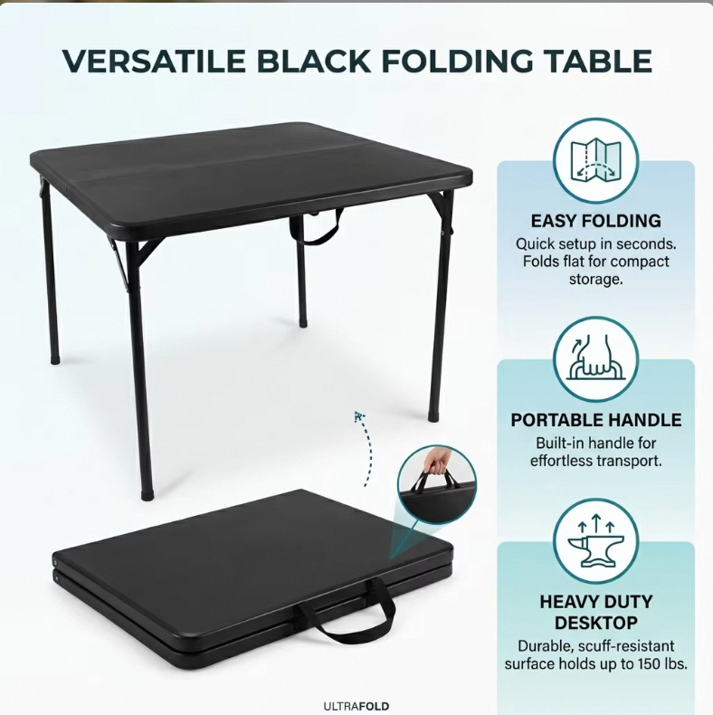 Portable Folding Camping Table - Heavy Duty Suitcase Picnic Table for Outdoor BBQ Fishing &amp; Garden Party, Black HDPE Top
