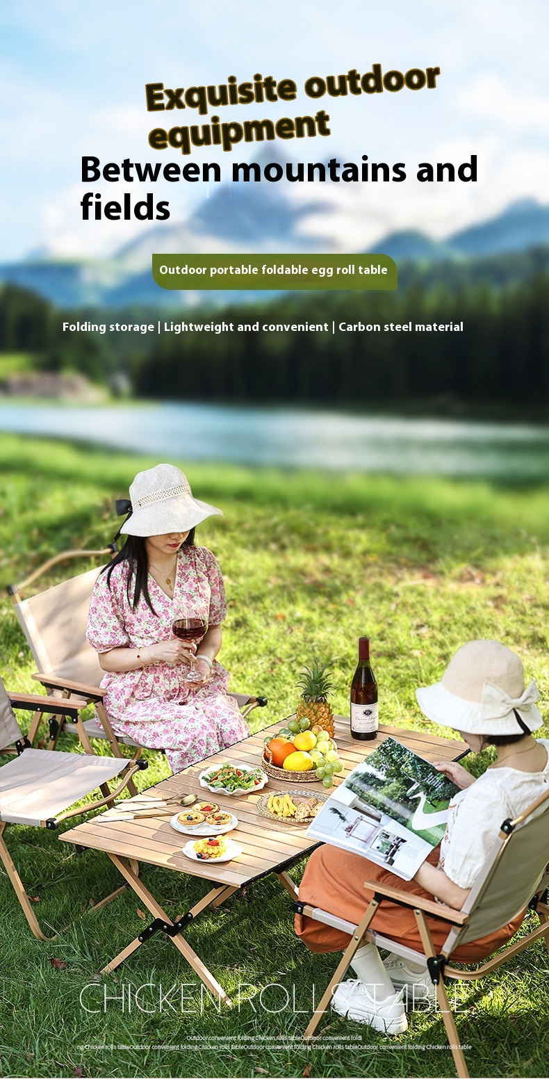 Wholesale Outdoor Egg Roll Table and Chair Set Carbon Steel Folding Camping Table and Chair for Outdoor Activities