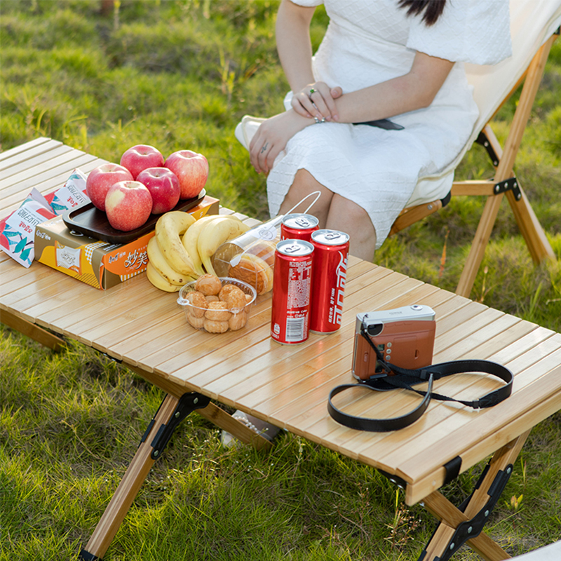 Folding Camping Bamboo Table Chair Set Outdoor Egg Roll Table with Storage Bag