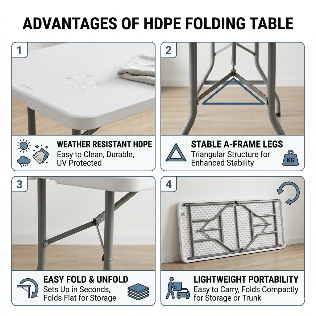 Bestselling Rectangular HDPE Plastic Resin Folding Table With Foldable Steel Legs.