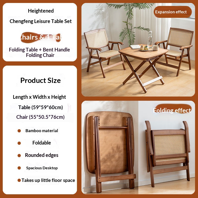 Bamboo Folding Chairs Set with Table Portable Garden Patio Terrace Leisure Seating for Home Balcony Camping Picnic