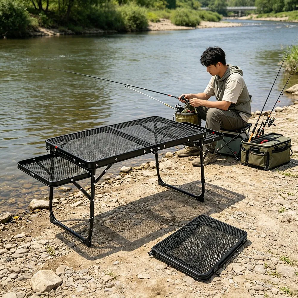 Foldable Outdoor Mesh Table with 2 Side Trays for Fishing Picnic