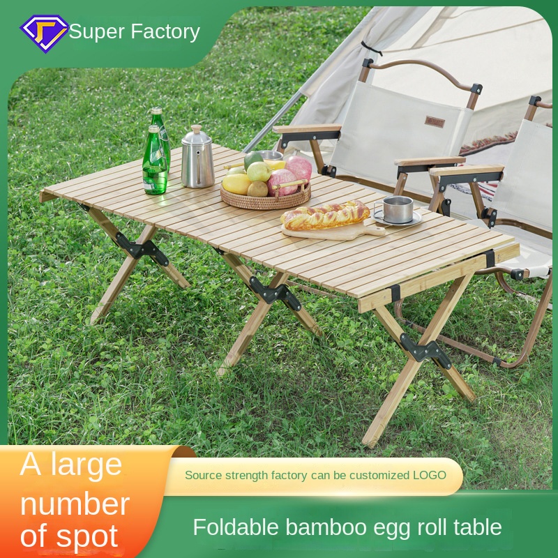 Outdoor Egg Roll Camping Table Folding Lightweight Bamboo Solid Wood Rectangular Shape Table with Chair