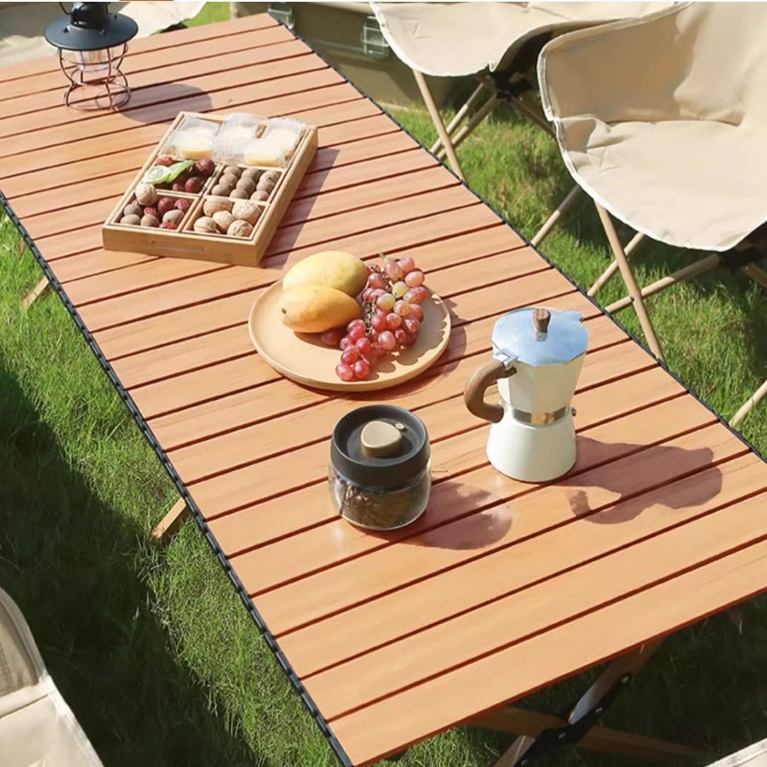 Modern Design Outdoor Folding Wood Grain Egg Roll Table Portable Stall Picnic BBQ Leisure Camping Table Chairs Slanted Leg Table