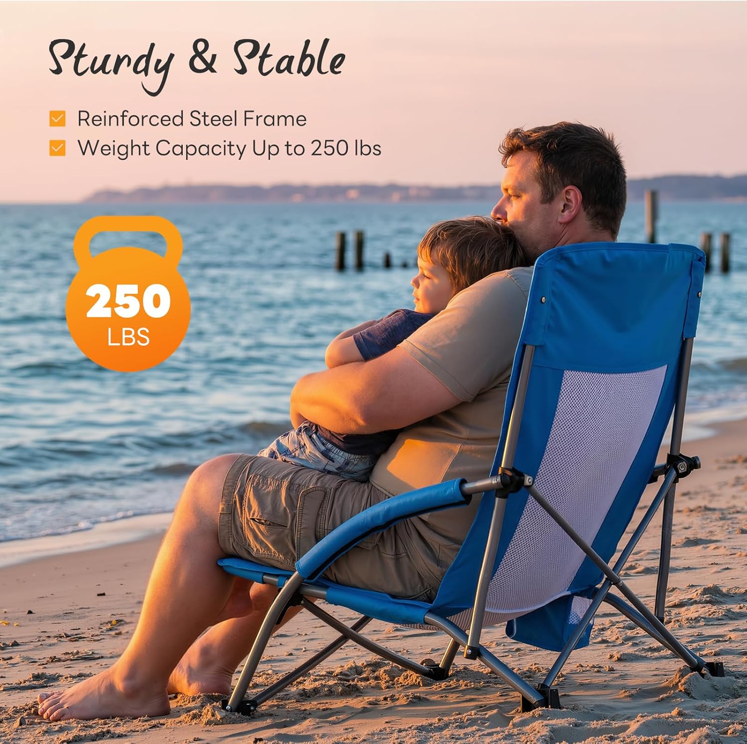 NBT Outdoor Low Profile Beach Chair-Folding Camping Chair Iron Frame Oxford Mesh Cup Holders Carry Bag Extra Wide Seat High Back