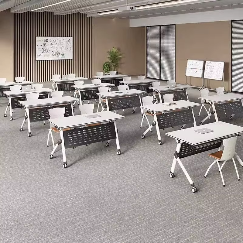 Folding Bamboo Rectangular Conference Table Mobile Training Chair Set with Casters for Meeting Rooms Events Modular Office Desk
