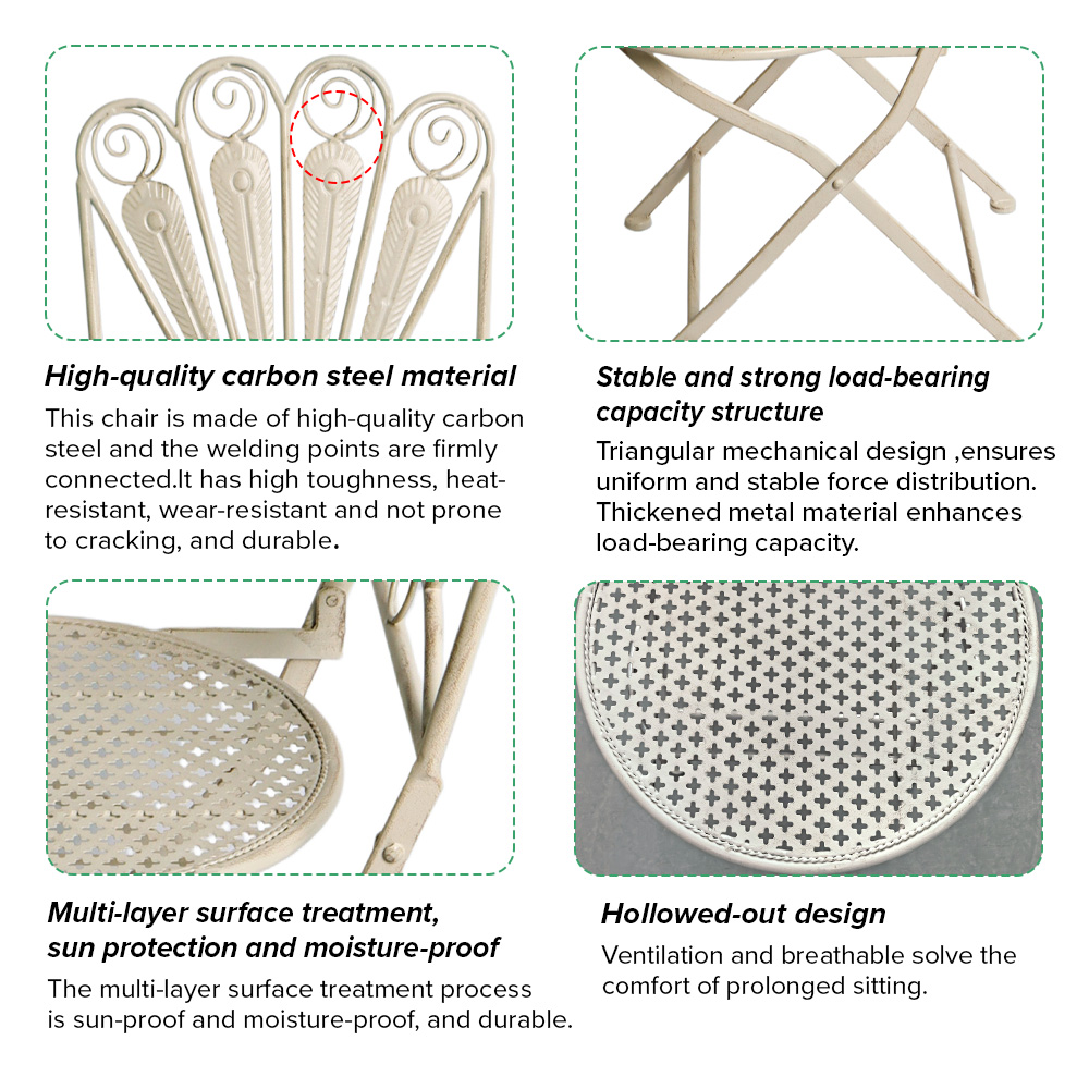 European-style White Metal Frame Wrought-Iron Outdoor Folding Chair Patio Balcony Foldable Lounge Chair for Banquet