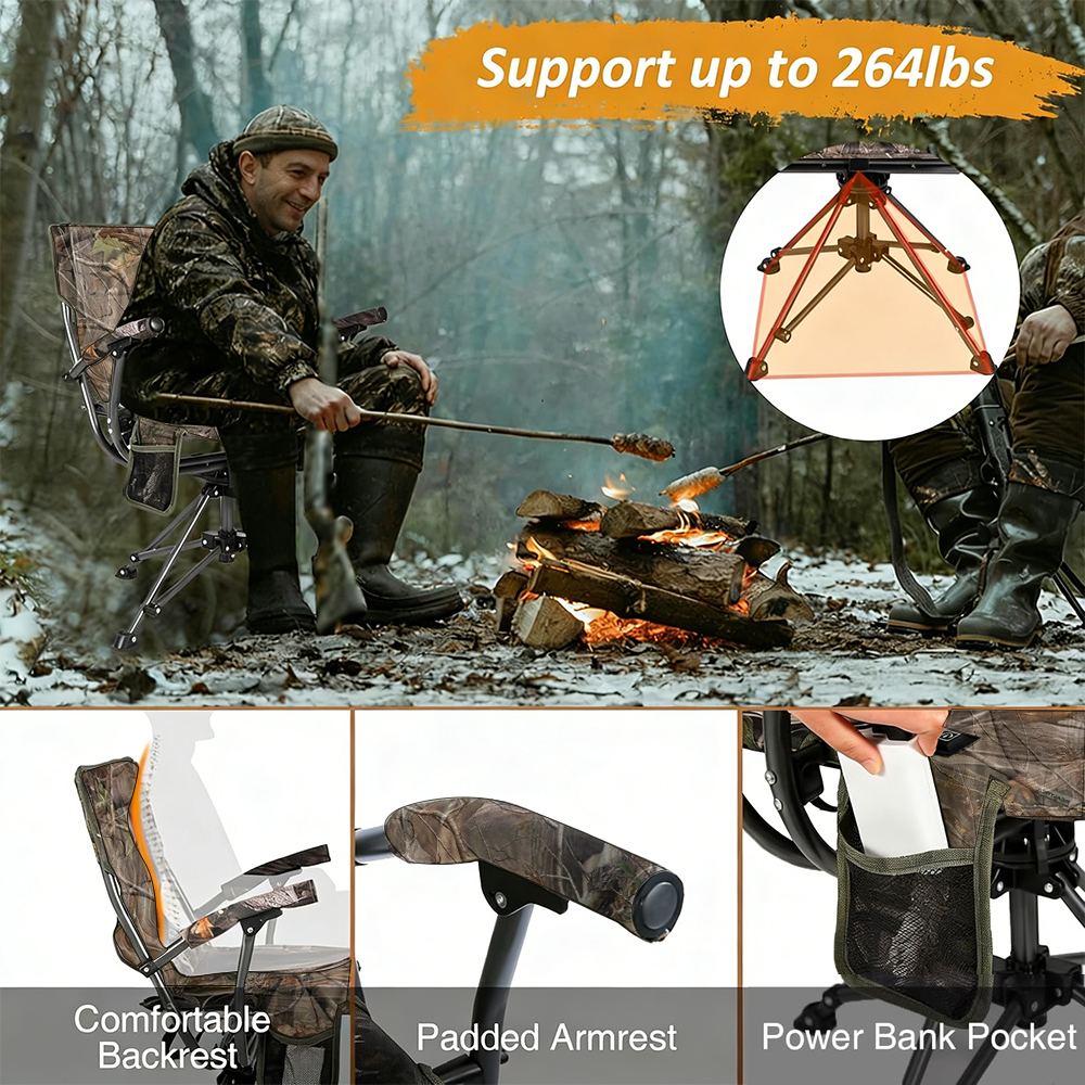 Mydays Outdoor Camo Foldable Durable 360&deg; Swivel Heated Hunting Chair for Ground Blinds with Hard Arms for Fishing Camping