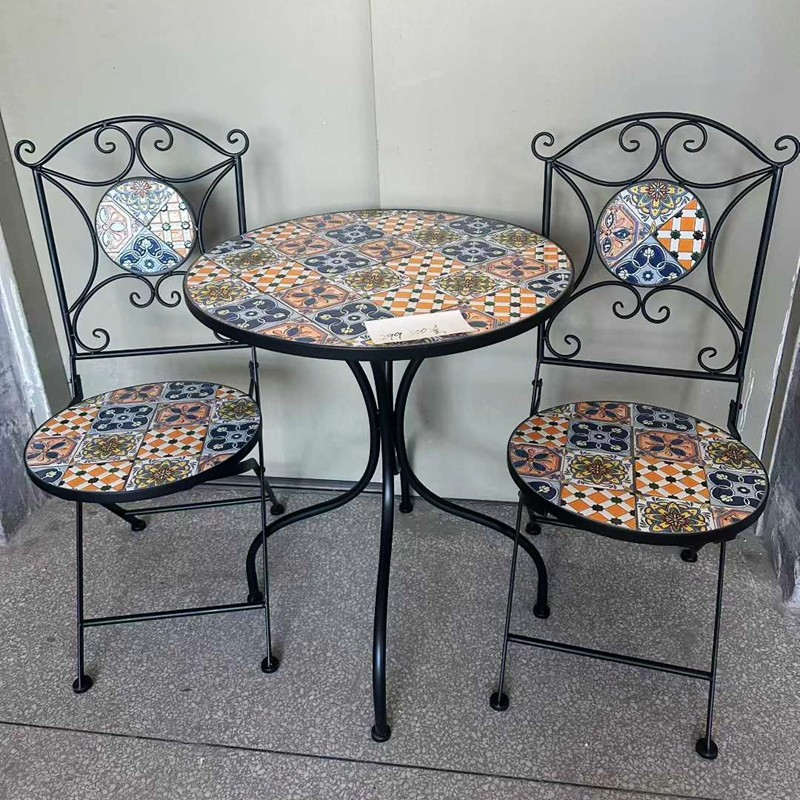 Outdoor Metal Folding Chair Set with Mosaic Cement Table Rustproof Wrought Iron Garden Furniture for Patio Yard