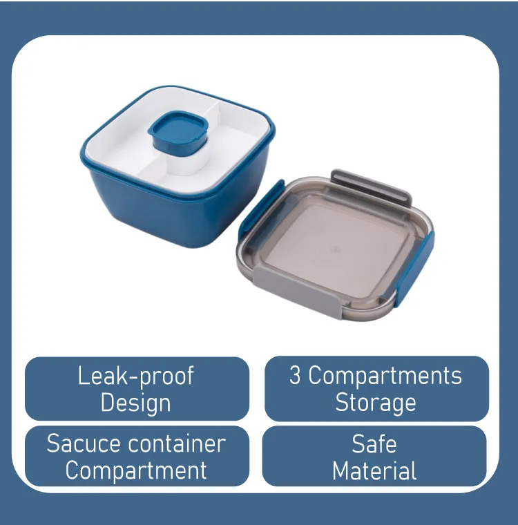 Blue Bento Salad Bowl with-Sauce Pot Integrated Spoon Airtight-Lid Outdoor Picnic Box