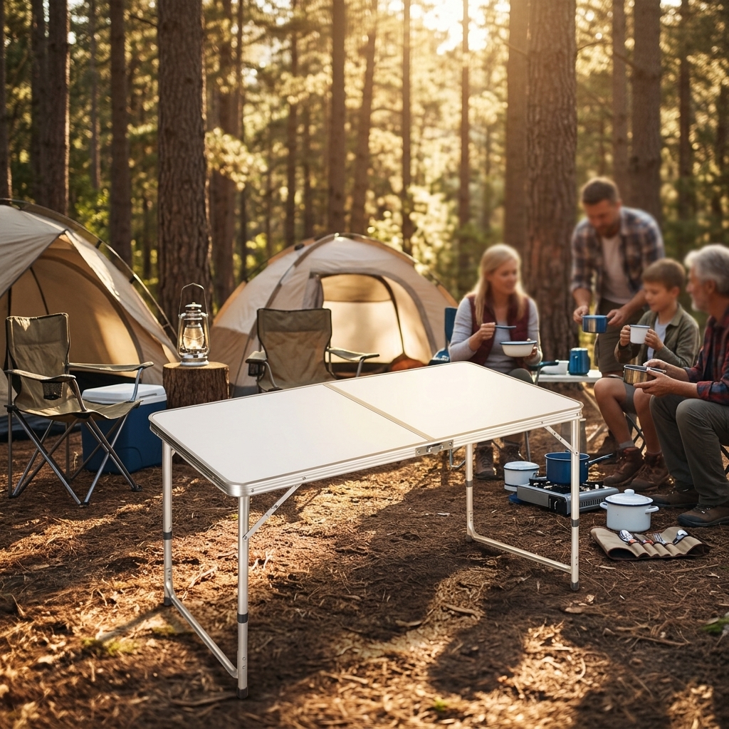 120cm Folding Table Portable Adjustable Height Camping Desk Suitcase Style Outdoor Picnic Table for BBQ Gathering Party Garden
