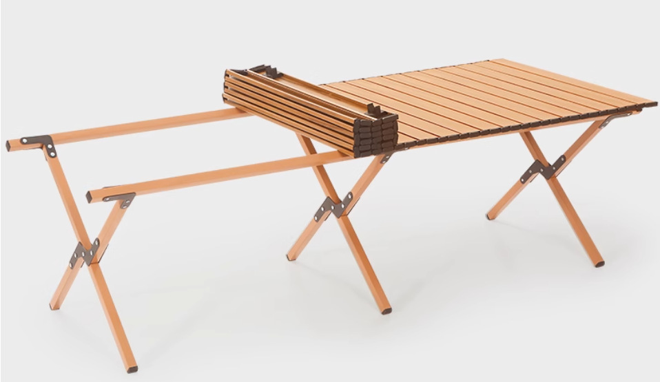 Modern Design Outdoor Folding Wood Grain Egg Roll Table Portable Stall Picnic BBQ Leisure Camping Table Chairs Slanted Leg Table
