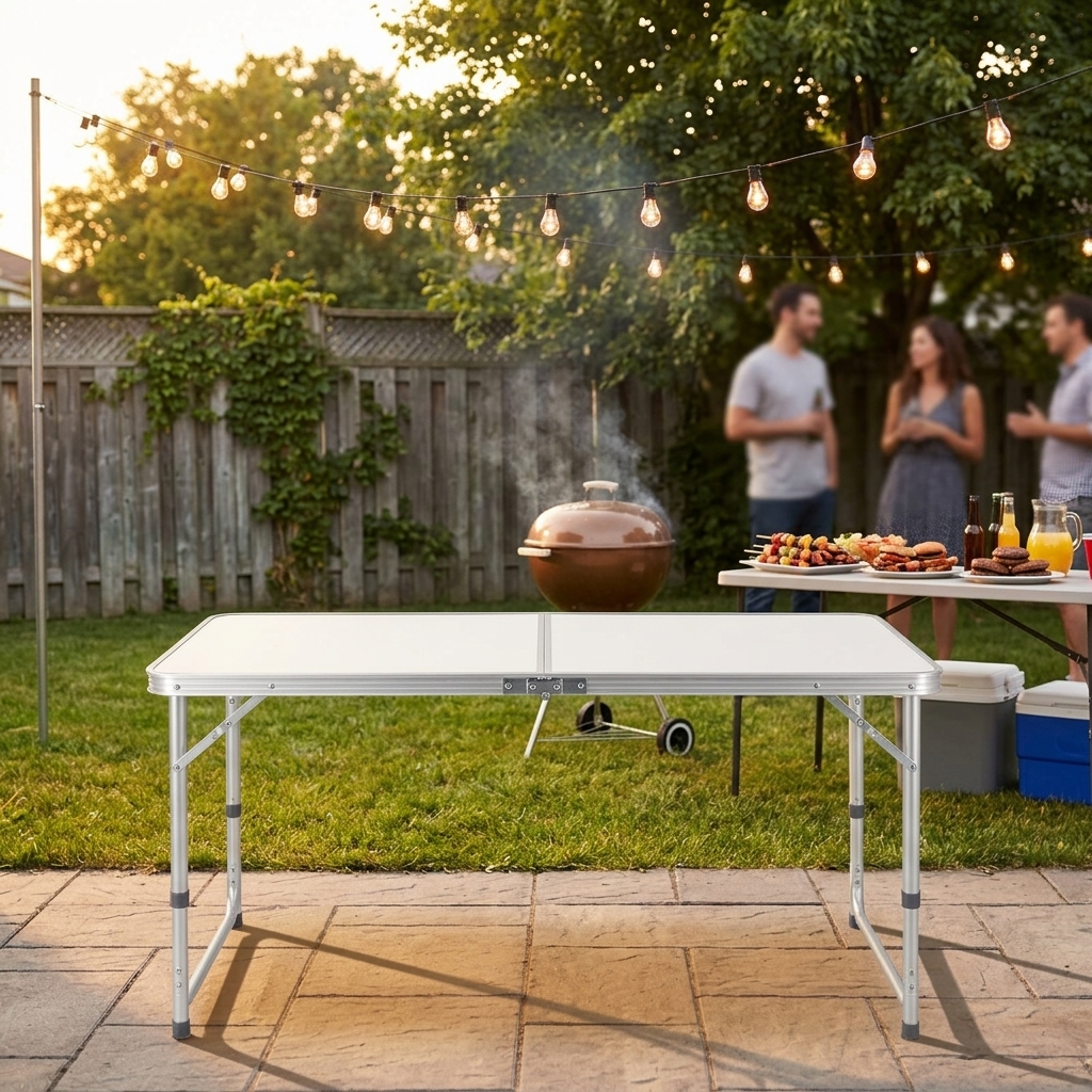 120cm Folding Table Portable Adjustable Height Camping Desk Suitcase Style Outdoor Picnic Table for BBQ Gathering Party Garden