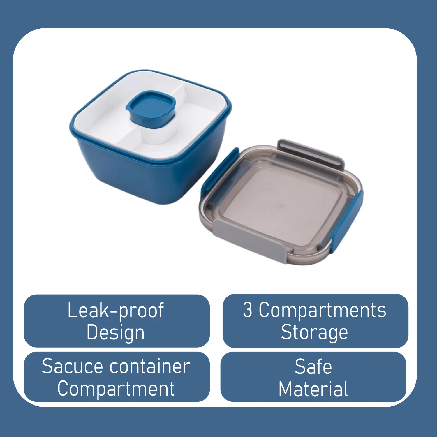 Blue Bento Salad Bowl with-Sauce Pot Integrated Spoon Airtight-Lid Outdoor Picnic Box