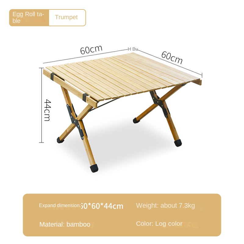 Outdoor Egg Roll Camping Table Folding Lightweight Bamboo Solid Wood Rectangular Shape Table with Chair