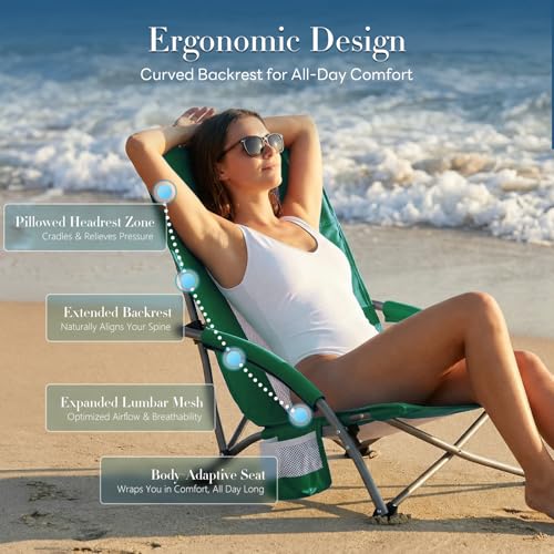 Camping Folding Portable Beach Chair with Cup Holder Storage Pocket Breeze Mesh Back Padded Armrests for Camp Picnic Lawn Sand