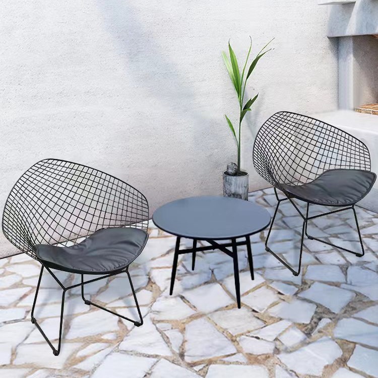 Modern Black Bamboo Foldable Portable Outdoor Chair Set Round Side Table Industrial Style for Patio/Deck