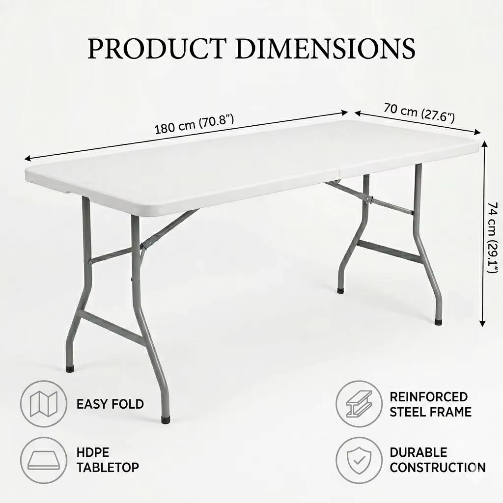 Bestselling Rectangular HDPE Plastic Resin Folding Table With Foldable Steel Legs.