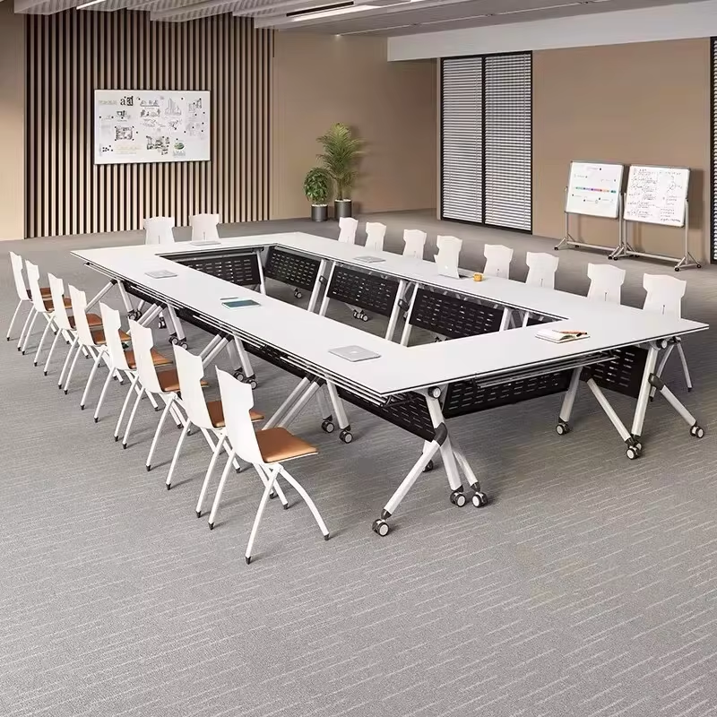 Folding Bamboo Rectangular Conference Table Mobile Training Chair Set with Casters for Meeting Rooms Events Modular Office Desk