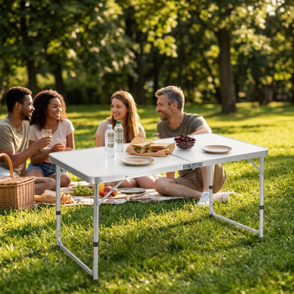 120cm Folding Table Portable Adjustable Height Camping Desk Suitcase Style Outdoor Picnic Table for BBQ Gathering Party Garden