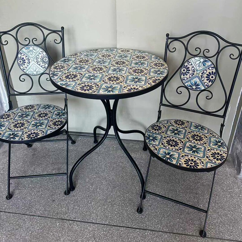 Outdoor Metal Folding Chair Set with Mosaic Cement Table Rustproof Wrought Iron Garden Furniture for Patio Yard