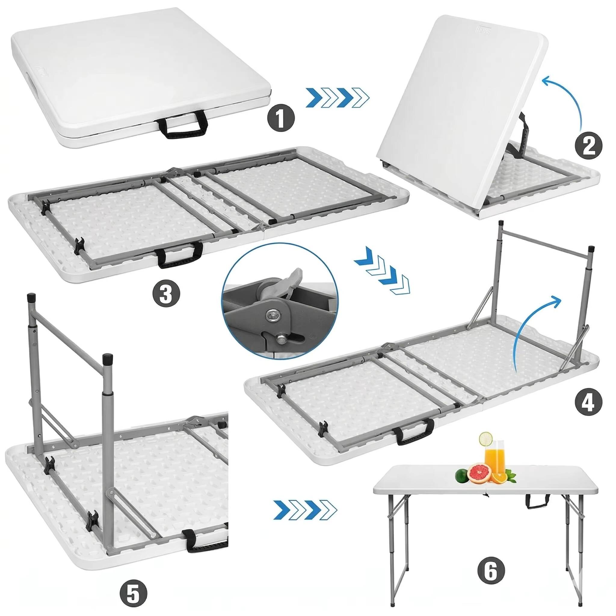 Bestselling Rectangular HDPE Plastic Resin Folding Table With Foldable Steel Legs.