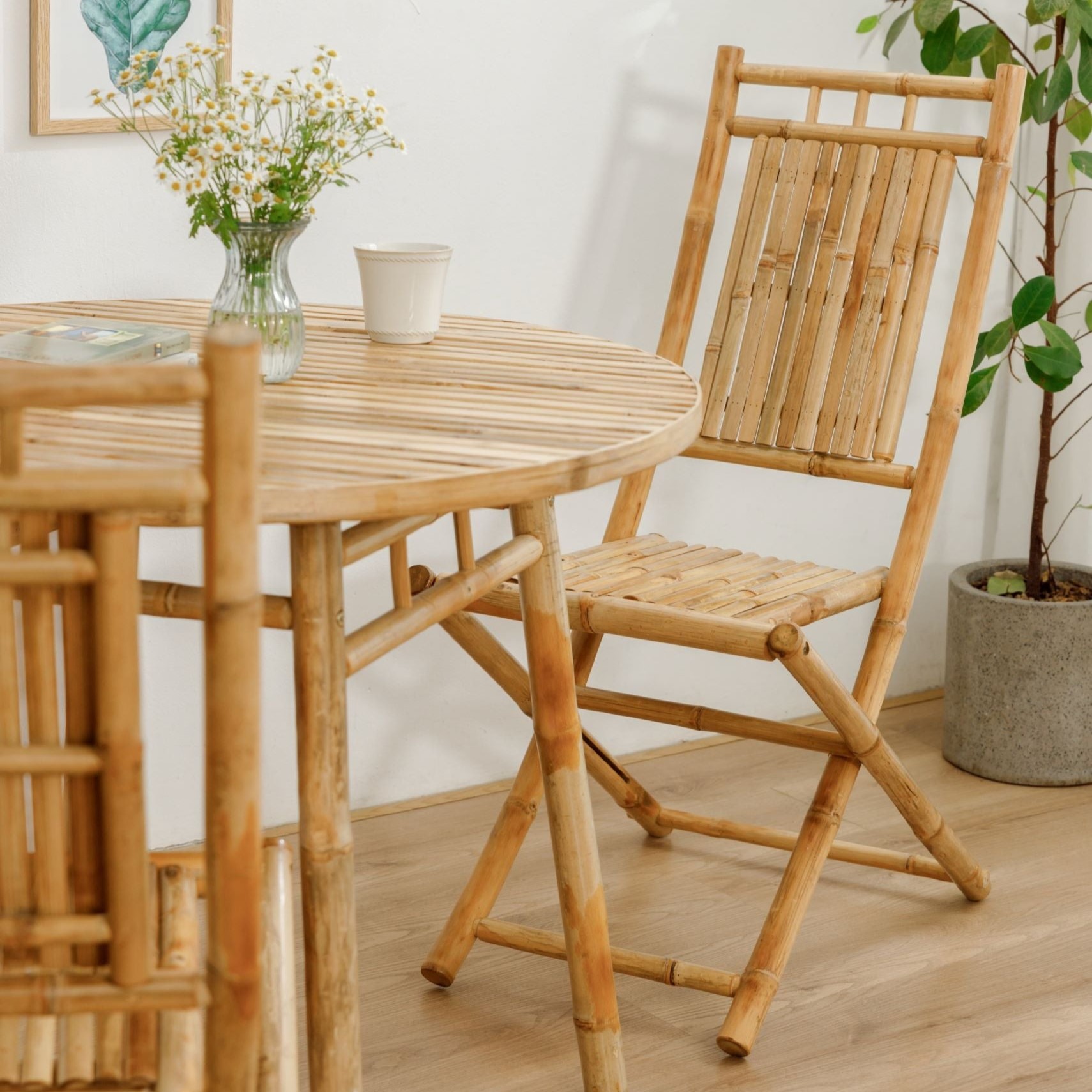 Folding Natural Bamboo Chairs for Home Cafe Bistro Restaurant Wholesale Dining Table and Chair Set