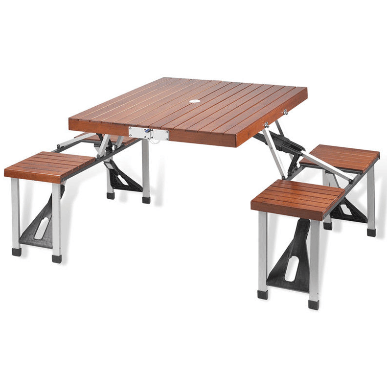 Hot-sale China Wholesale Suitcase 4 Seat Portable Wooden Foldable Outdoor Camping Folding Picnic Table With Umbrella Hole