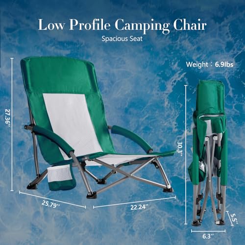Camping Folding Portable Beach Chair with Cup Holder Storage Pocket Breeze Mesh Back Padded Armrests for Camp Picnic Lawn Sand