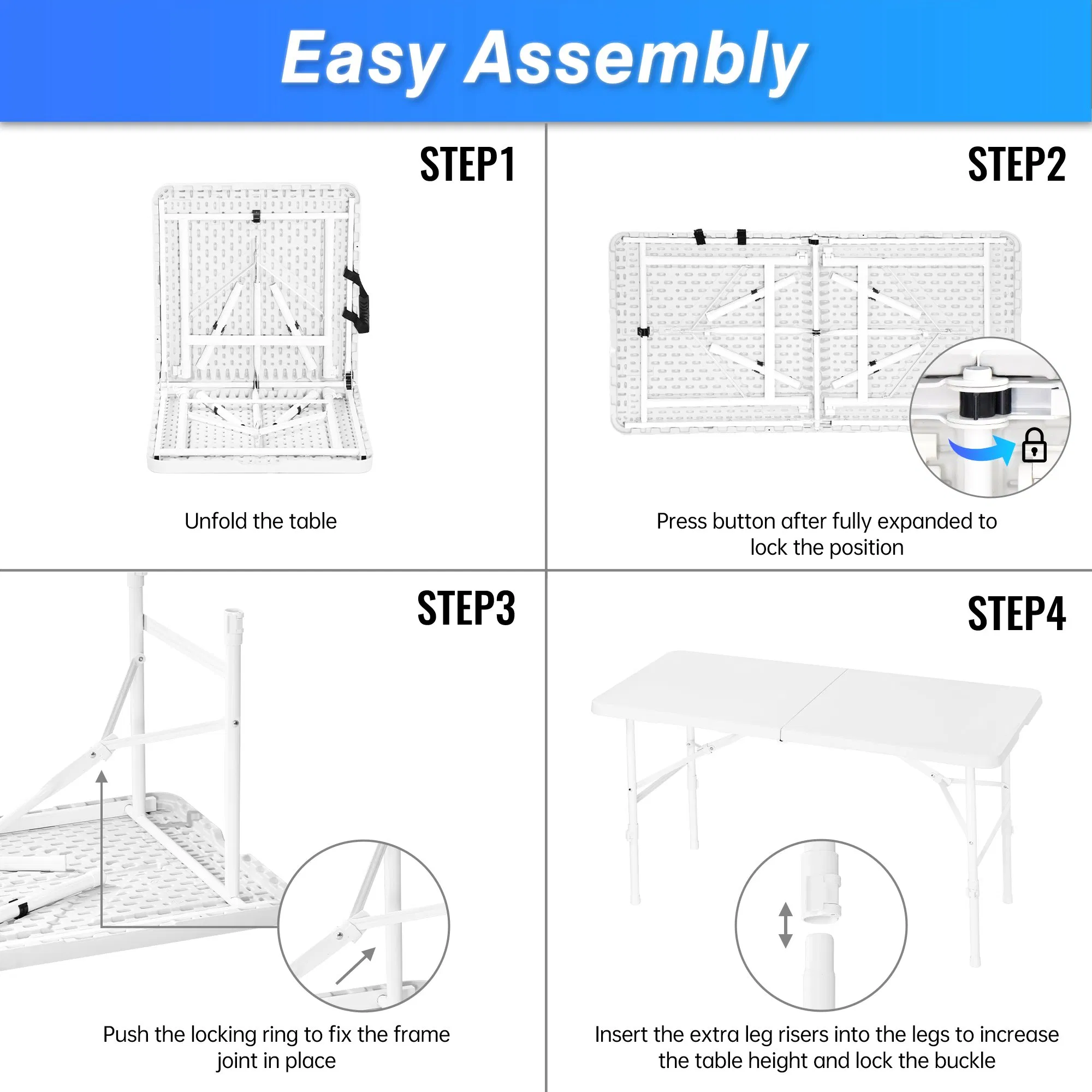 Lightweight White Picnic Table with Integrated Seating for 4