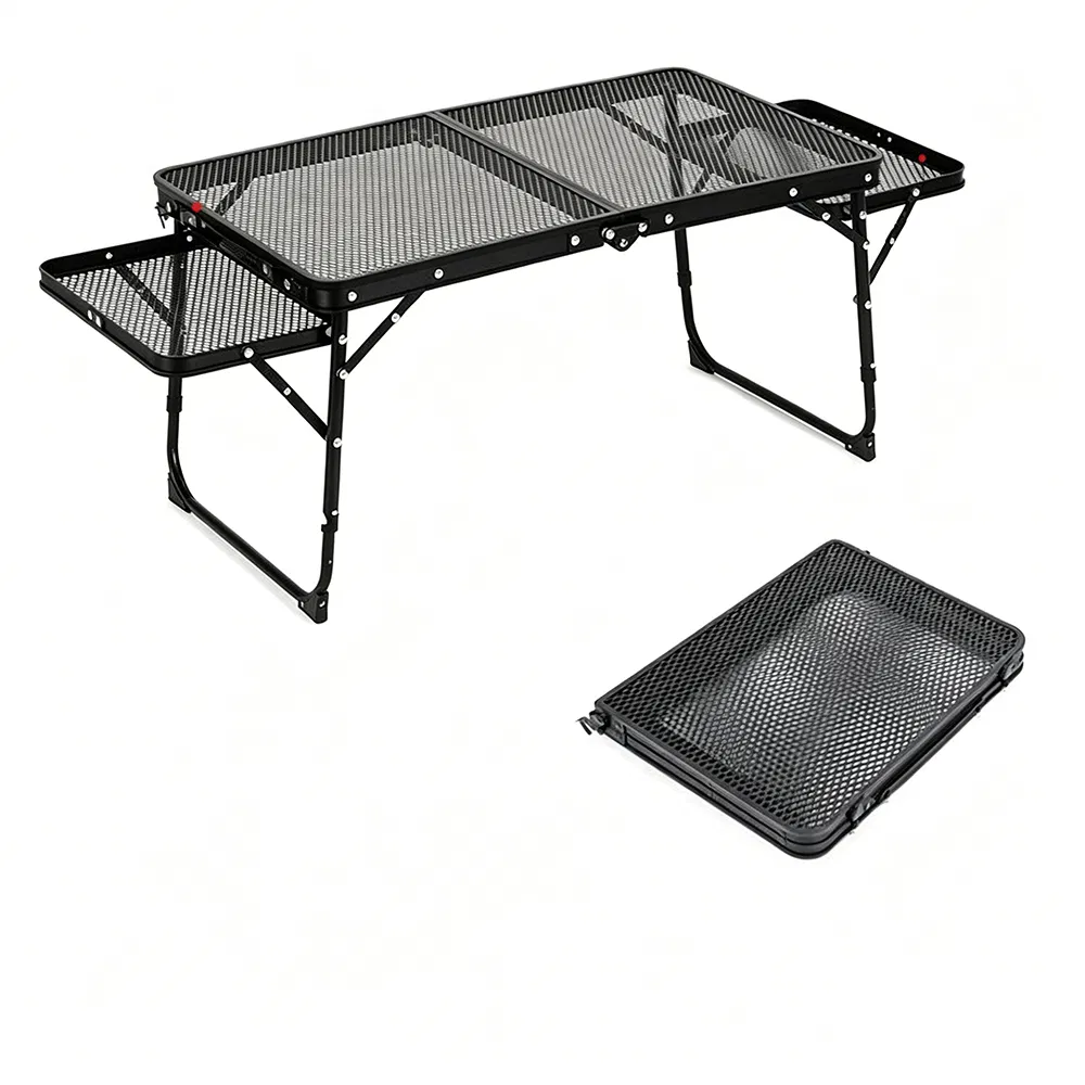 Foldable Outdoor Mesh Table with 2 Side Trays for Fishing Picnic