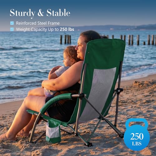 Camping Folding Portable Beach Chair with Cup Holder Storage Pocket Breeze Mesh Back Padded Armrests for Camp Picnic Lawn Sand