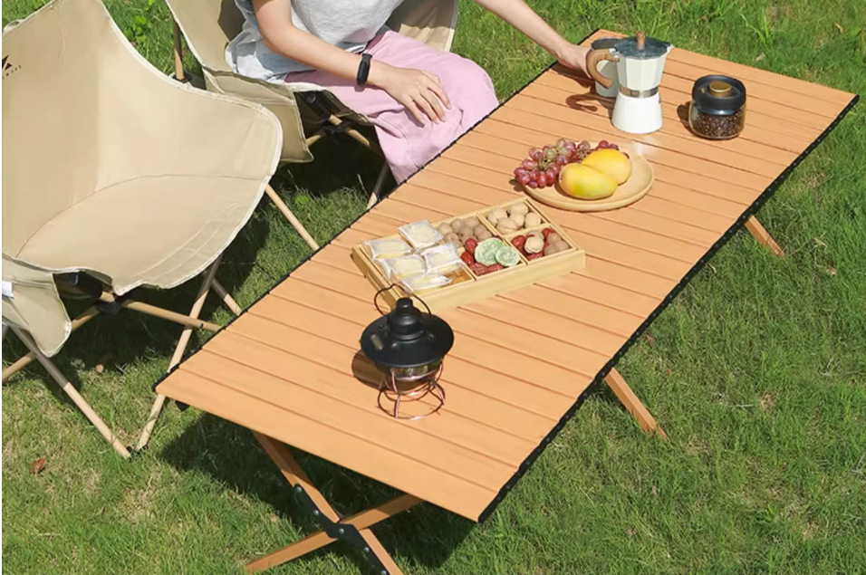 Modern Design Outdoor Folding Wood Grain Egg Roll Table Portable Stall Picnic BBQ Leisure Camping Table Chairs Slanted Leg Table