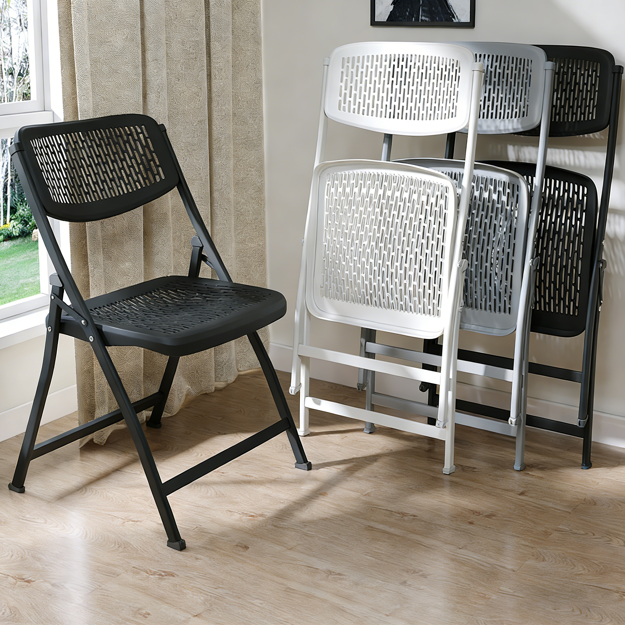 Portable Modern Waterproof Iron Frame Durable Plastic Mesh Black White Gray Commercial Folding Chair for Hotel Home Conference