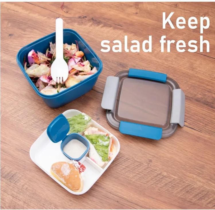 Blue Bento Salad Bowl with-Sauce Pot Integrated Spoon Airtight-Lid Outdoor Picnic Box