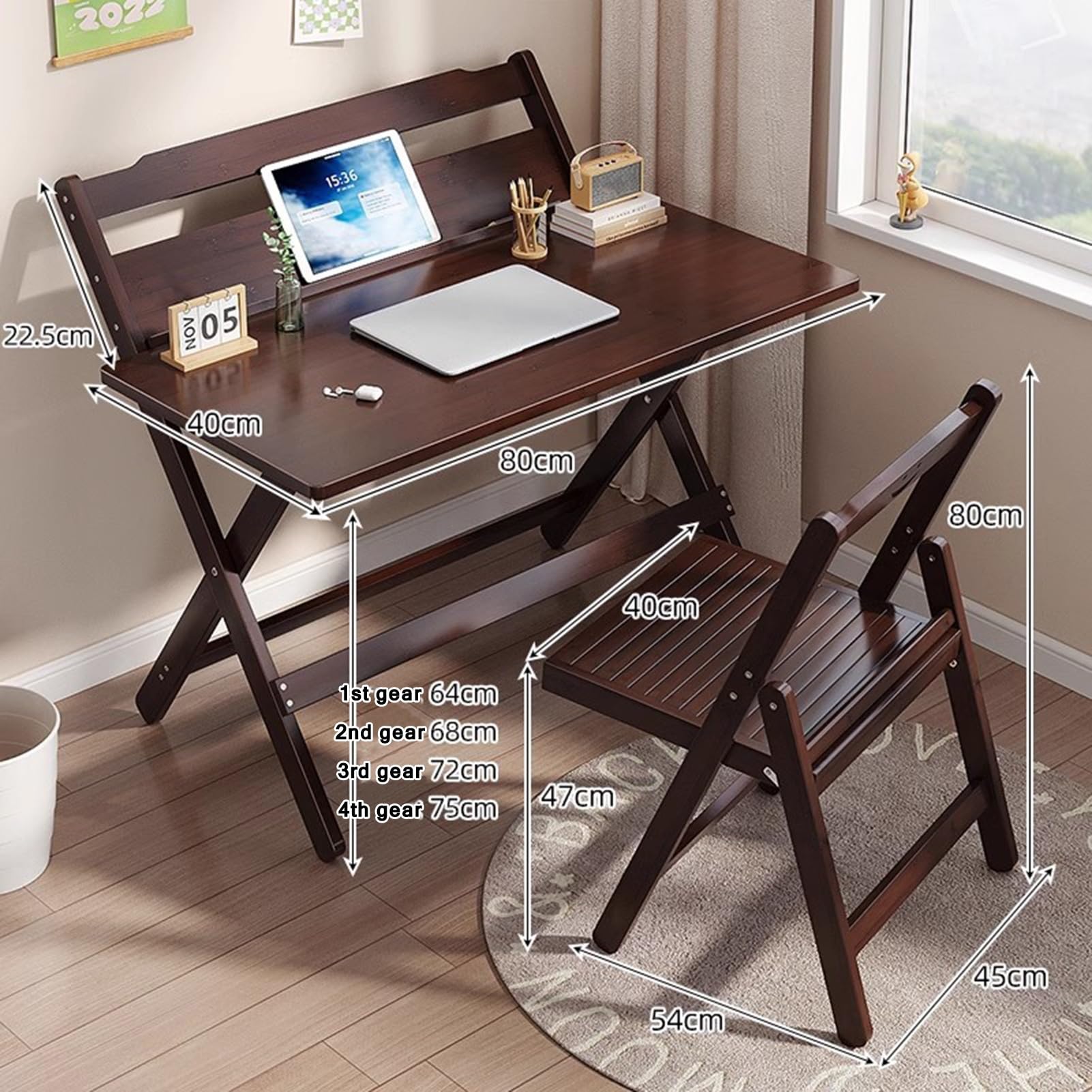 Bamboo Eco-Friendly Portable Adjustable Height Folding Table Chair Set Student Writing Computer Desk Living Study Desk Bookcase