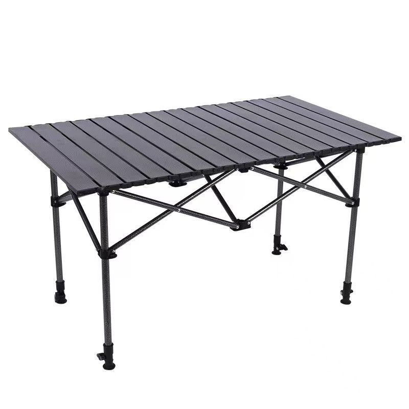 Outdoor Carbon Steel Folding Table Egg Roll Table Portable Camping Picnic Wood Grain Adjustable Height Mesh Storage Pouch