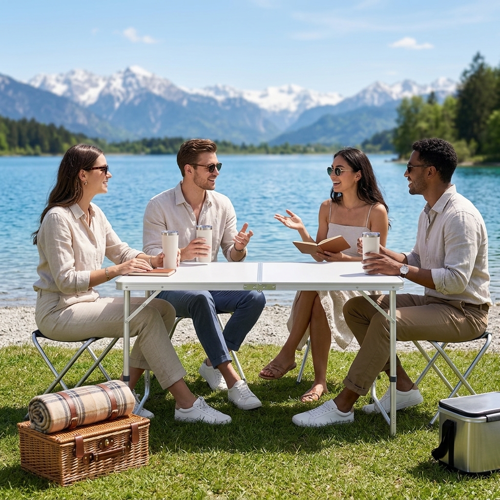 120cm Folding Table Portable Adjustable Height Camping Desk Suitcase Style Outdoor Picnic Table for BBQ Gathering Party Garden