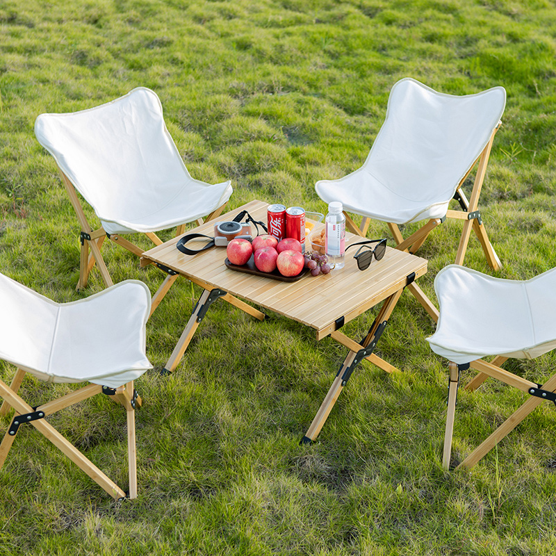 Folding Camping Bamboo Table Chair Set Outdoor Egg Roll Table with Storage Bag
