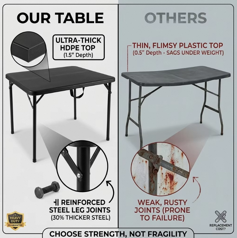 Portable Folding Camping Table - Heavy Duty Suitcase Picnic Table for Outdoor BBQ Fishing &amp; Garden Party, Black HDPE Top