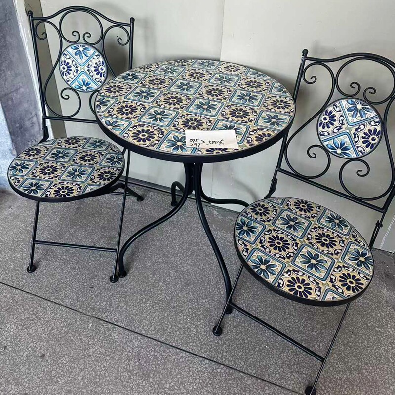 Outdoor Metal Folding Chair Set with Mosaic Cement Table Rustproof Wrought Iron Garden Furniture for Patio Yard