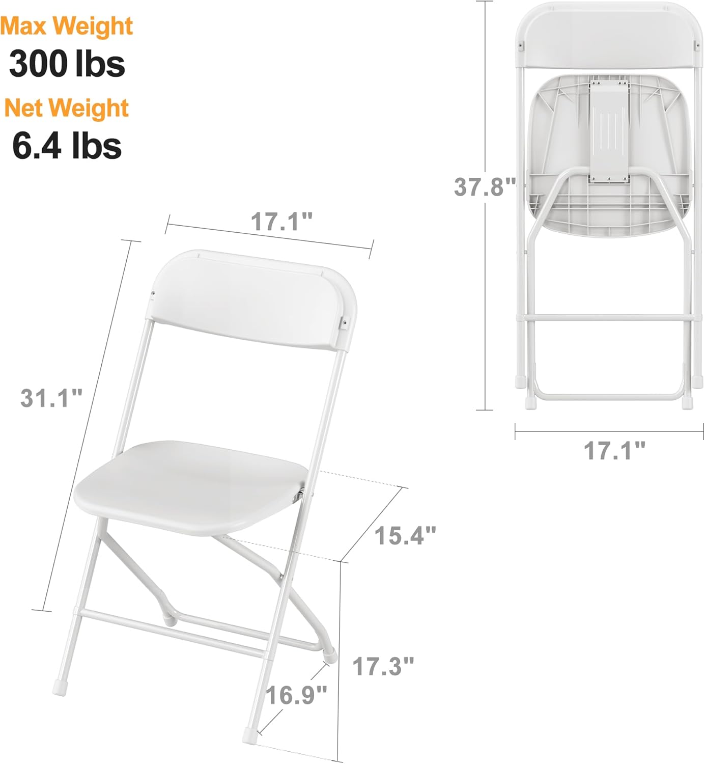 300lb Capacity Portable Commercial Steel Frame Home Office Wedding Party Indoor Outdoor Plastic Rein Folding Chair White