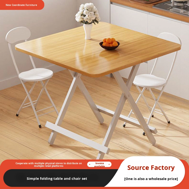 Modern Square Bamboo Folding Dining Table and Chair Set with Metal Legs Foldable 2-Seater for Home Use