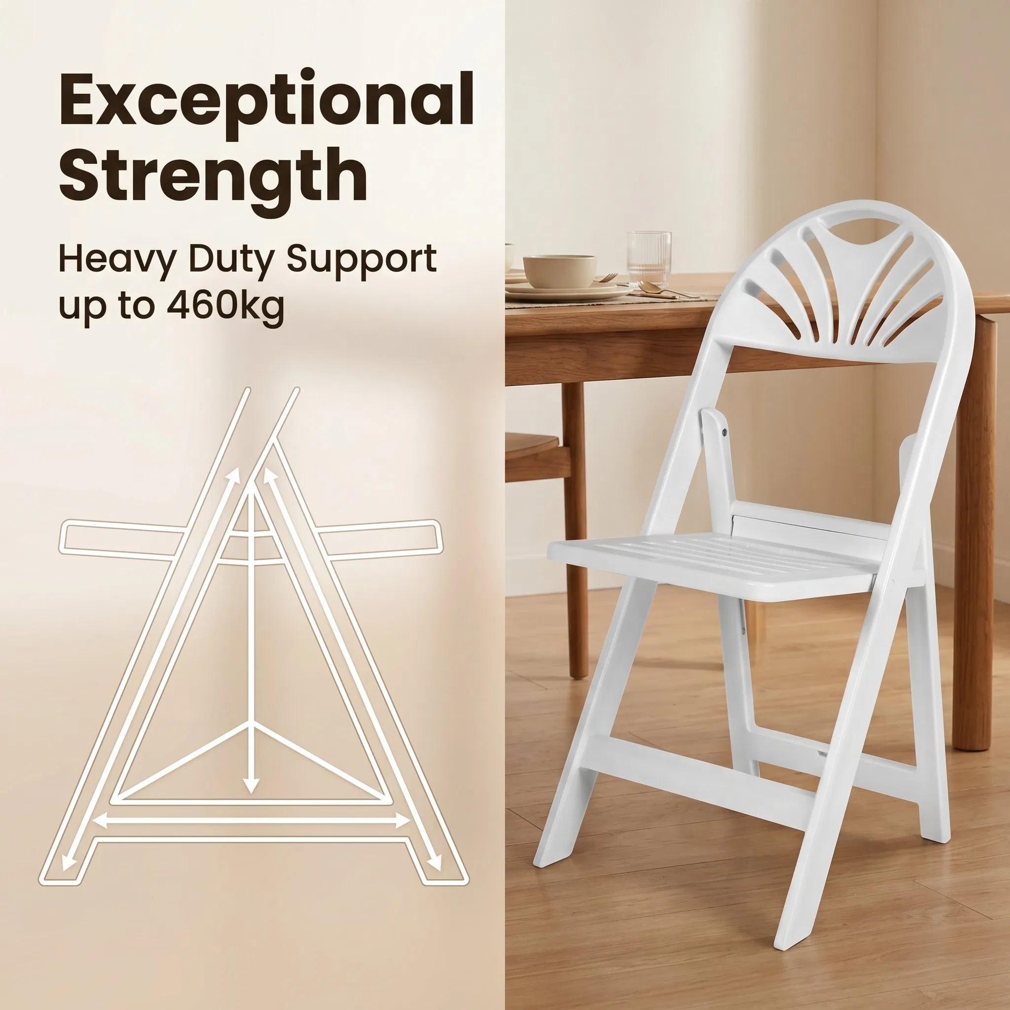 Premium Wedding Patio Slat Seat Pad White Plastic Fan Back Resin Folding Chairs for Garden Hotel Usage