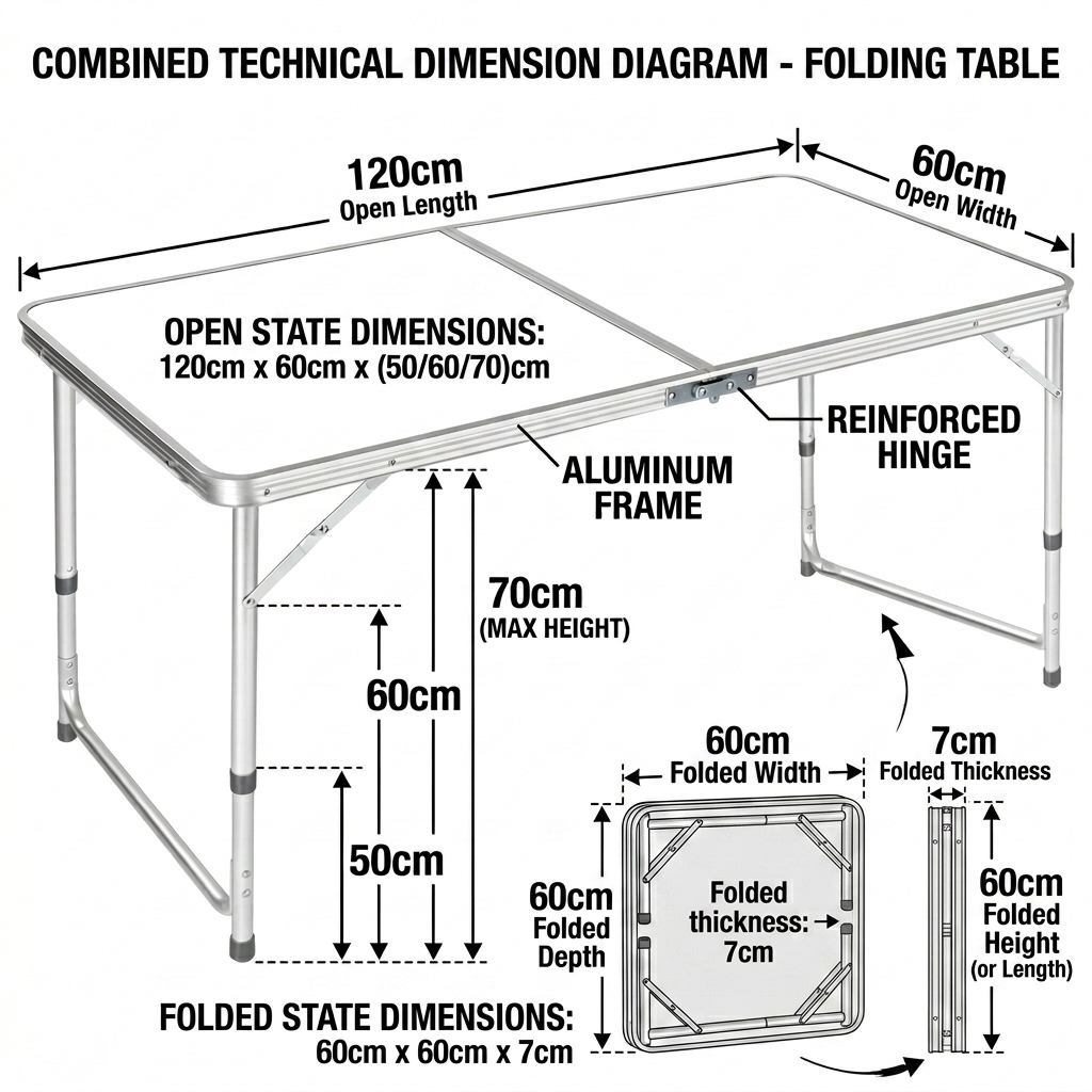 120cm Folding Table Portable Adjustable Height Camping Desk Suitcase Style Outdoor Picnic Table for BBQ Gathering Party Garden