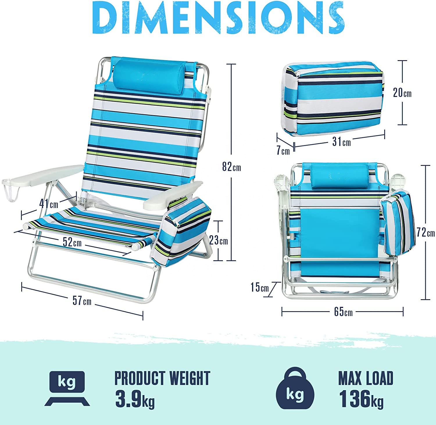 Folding Camping Aluminum Chair Outdoor Low Lightweight Beach Chair Mesh Back Padded Armrest Collapsible with Carry Bag