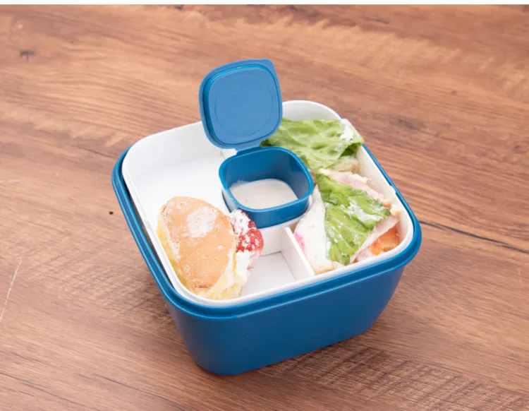 Blue Bento Salad Bowl with-Sauce Pot Integrated Spoon Airtight-Lid Outdoor Picnic Box